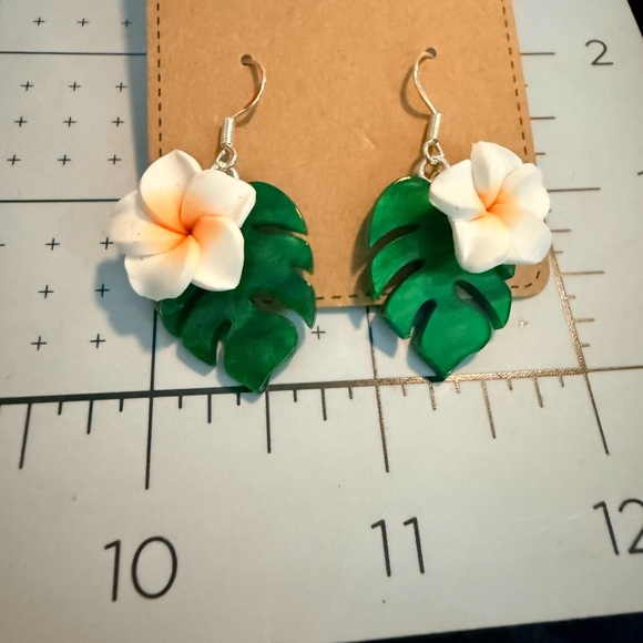 Sterling Silver Tropical Monstera Leaf Epoxy Earrings with White Plumeria - Picture 3 of 3
